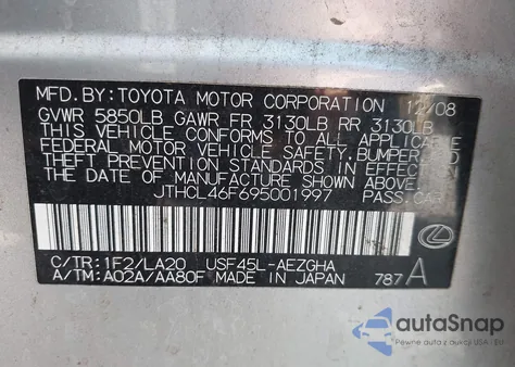 2009 Lexus Ls 460 from USA, damaged, VIN JTHCL46F695001997